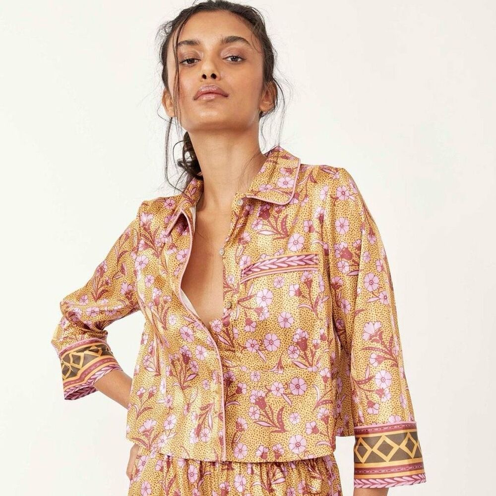 Free People Floral Pajama Set in Pink and Gold